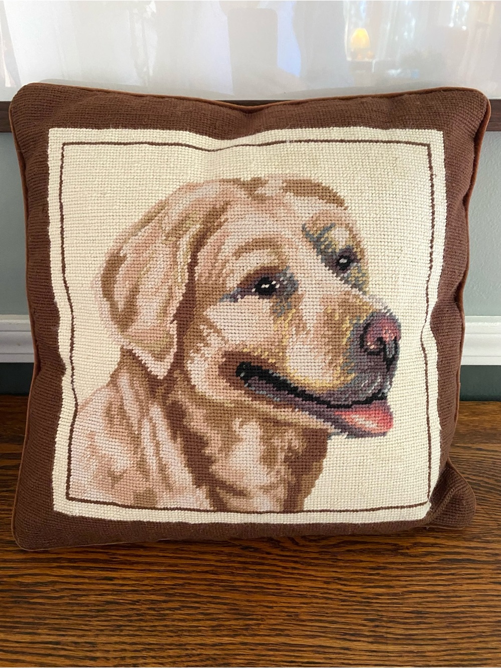 Yellow Labrador Retriever Needlepoint Throw Pillow Brown Velvet